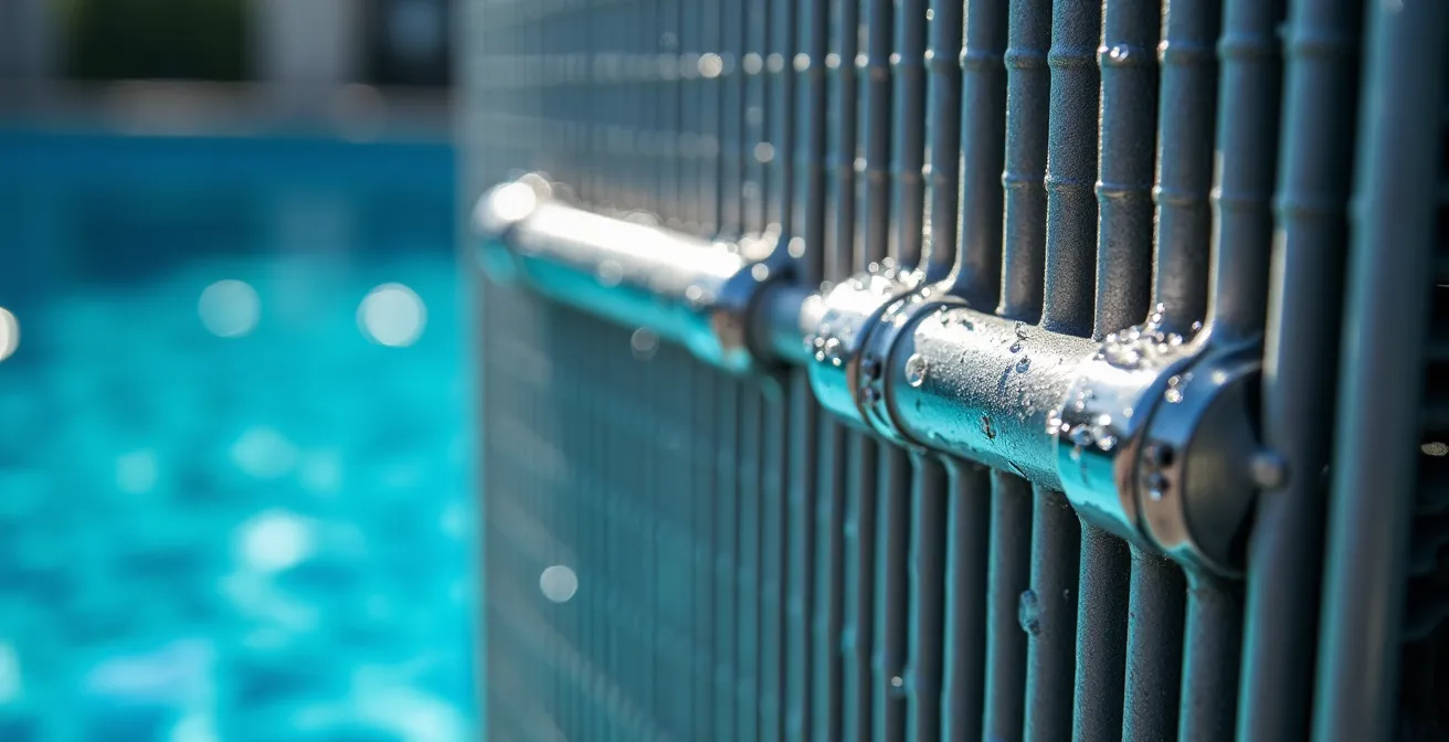 Installation de thermopompe et capteurs solaires sur une piscine résidentielle typique de la banlieue montréalaise