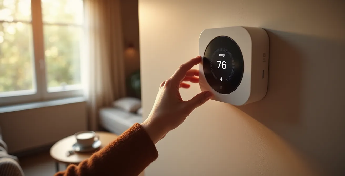 Main ajustant un thermostat programmable moderne dans une maison québécoise