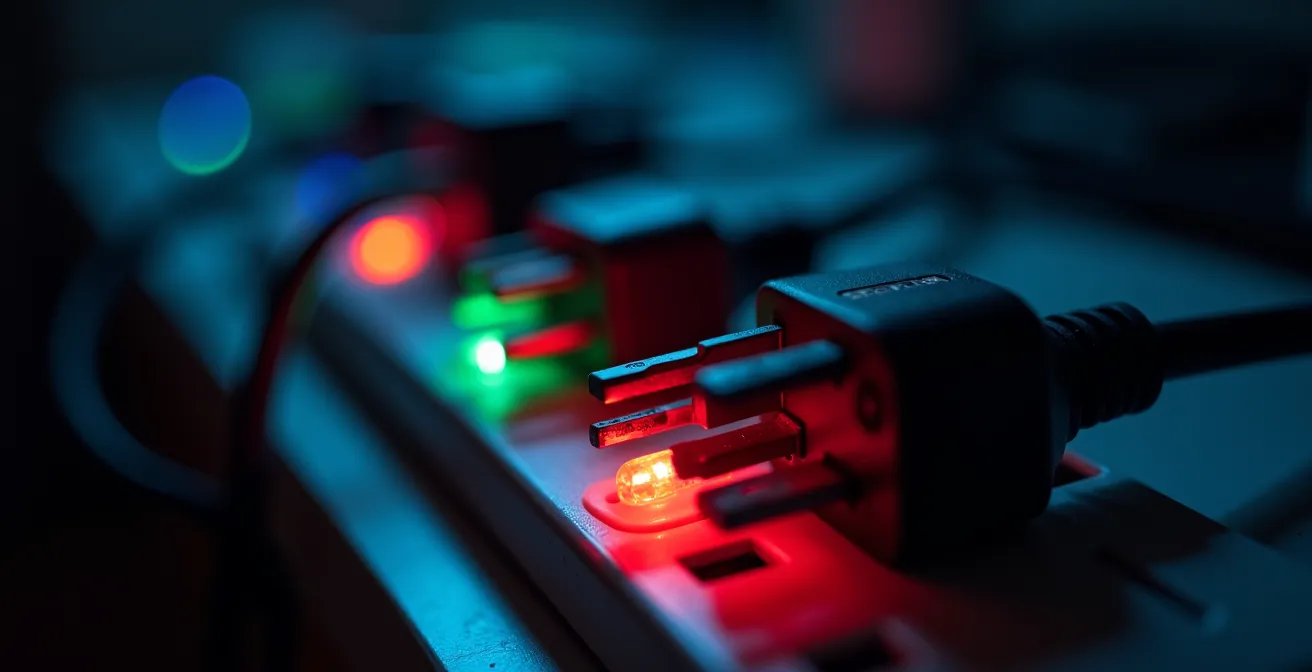 Appareils électroniques en veille dans une maison québécoise avec visualisation des consommations fantômes