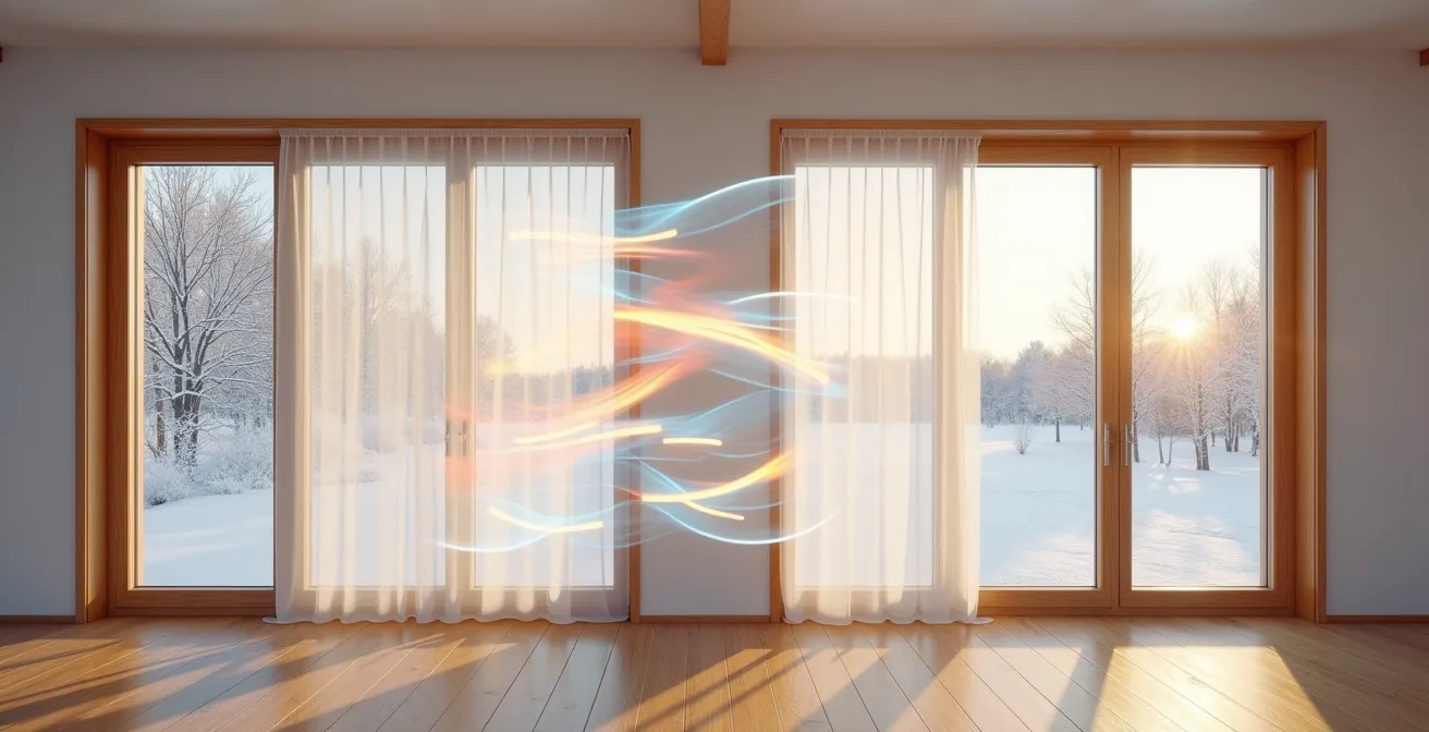 Vue aérienne d'une maison montrant le flux d'air entre fenêtres opposées en hiver