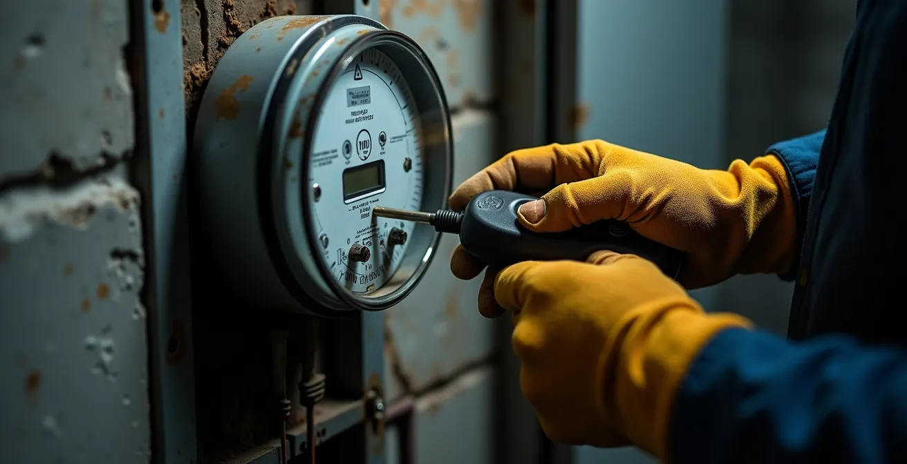 Main d'électricien inspectant un compteur électrique avec outils professionnels, éclairage dramatique mettant en valeur les détails techniques