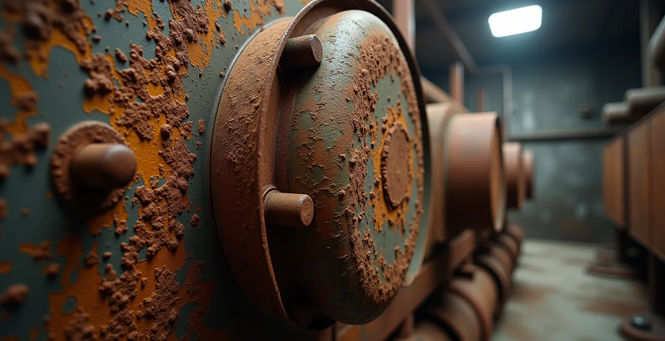 Gros plan d'une vieille fournaise avec traces de corrosion dans un sous-sol