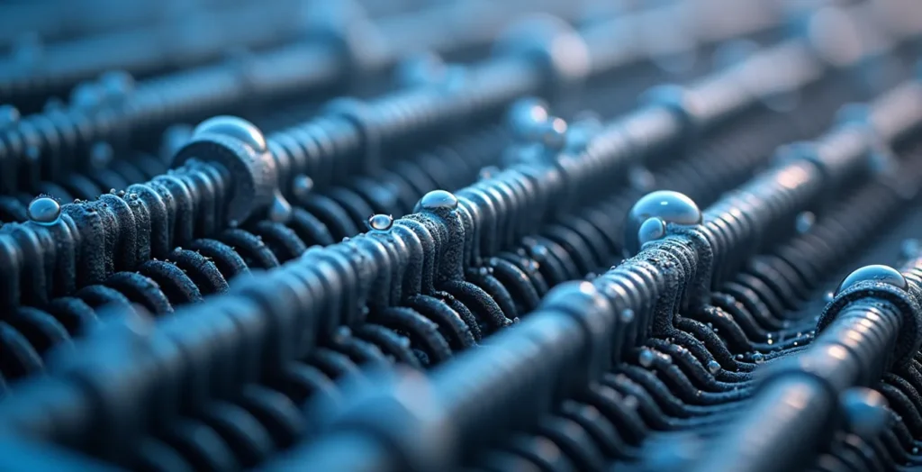 Vue détaillée macro d'un échangeur de chaleur moderne avec textures métalliques et condensation Vue détaillée macro d'un échangeur de chaleur moderne avec textures métalliques et condensation