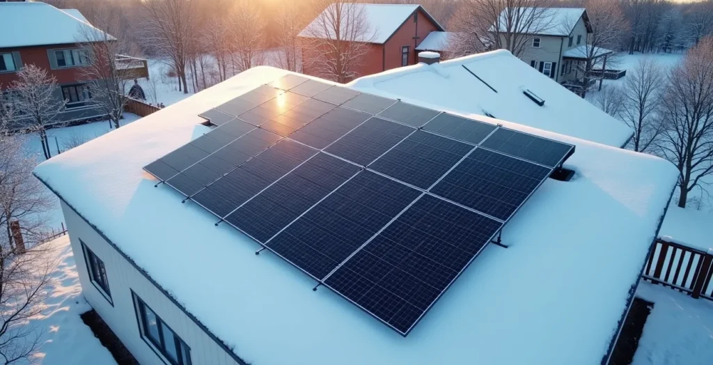 Vue aérienne minimaliste de panneaux solaires sur un toit enneigé avec ombres géométriques Vue aérienne minimaliste de panneaux solaires sur un toit enneigé avec ombres géométriques